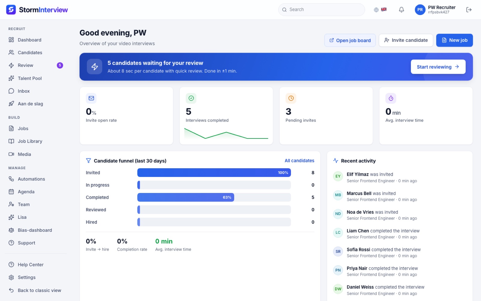 Recruiting dashboard showing a ranked candidate list with AI scores and video thumbnails