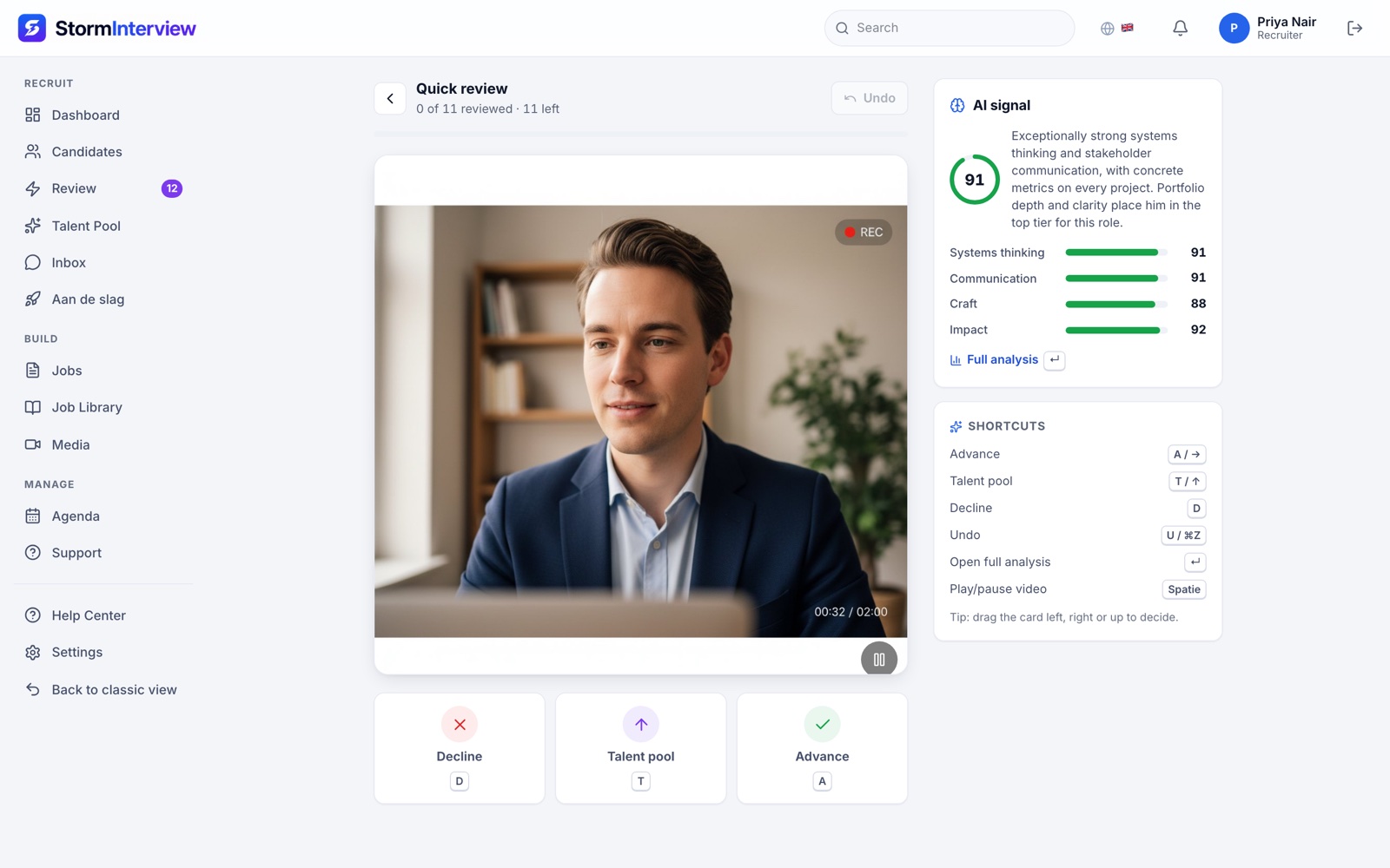 Desktop candidate review queue with video card, AI match score, and transcript highlights